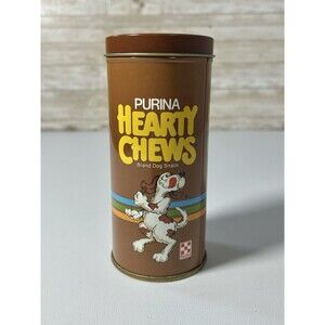 Vintage 1988 Purina Hearty Chews Dog Snack Treats Brown Tin Memorabilia w/ Box